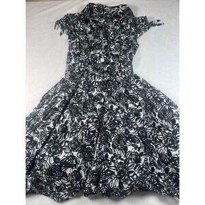 Next Dress Womens 10 Black Floral Collared Button Fit & Flare Short Sleeve
